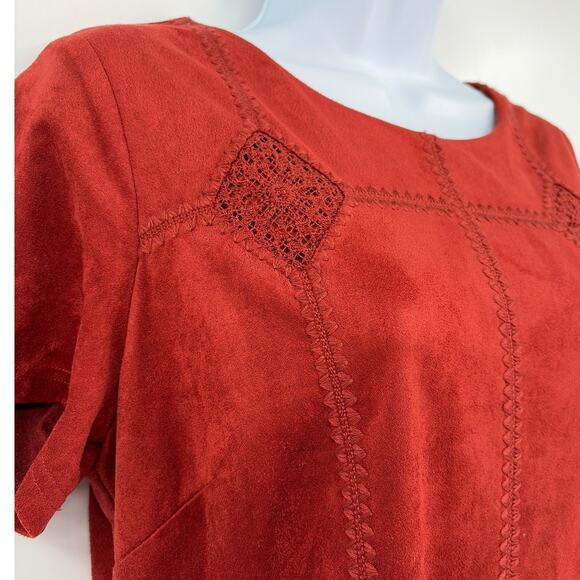 Skies are Blue Faux Suede Dress Sz M Soft Grunge Whimsigoth Y2K Rust Earthy Lace - Picture 3 of 9